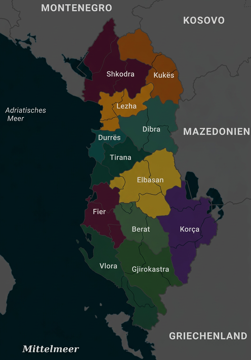 Karte Albaniens mit den Regionen und angrenzenden Ländern Montenegro, Kosovo, Mazedonien und Griechenland.